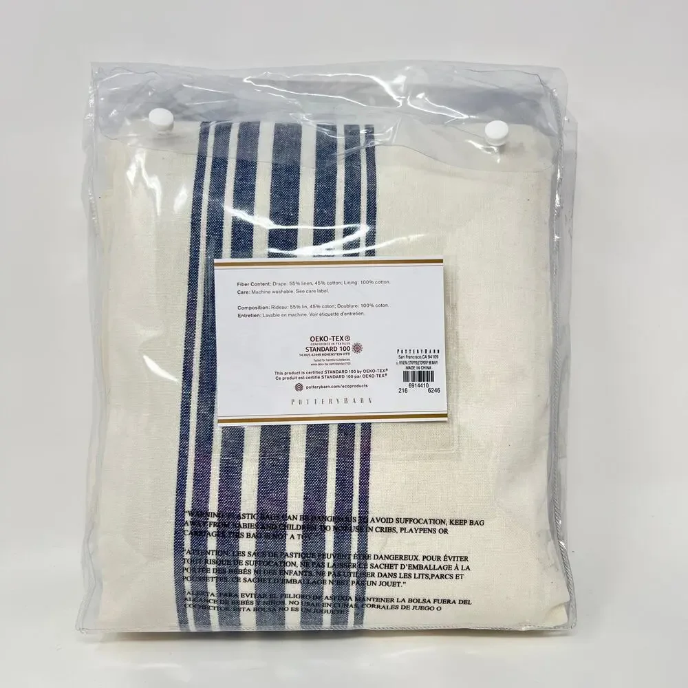 Pottery Barn Riviera Stripe Drape Navy Blue Panel 50x96 Curtain Linen Blend New